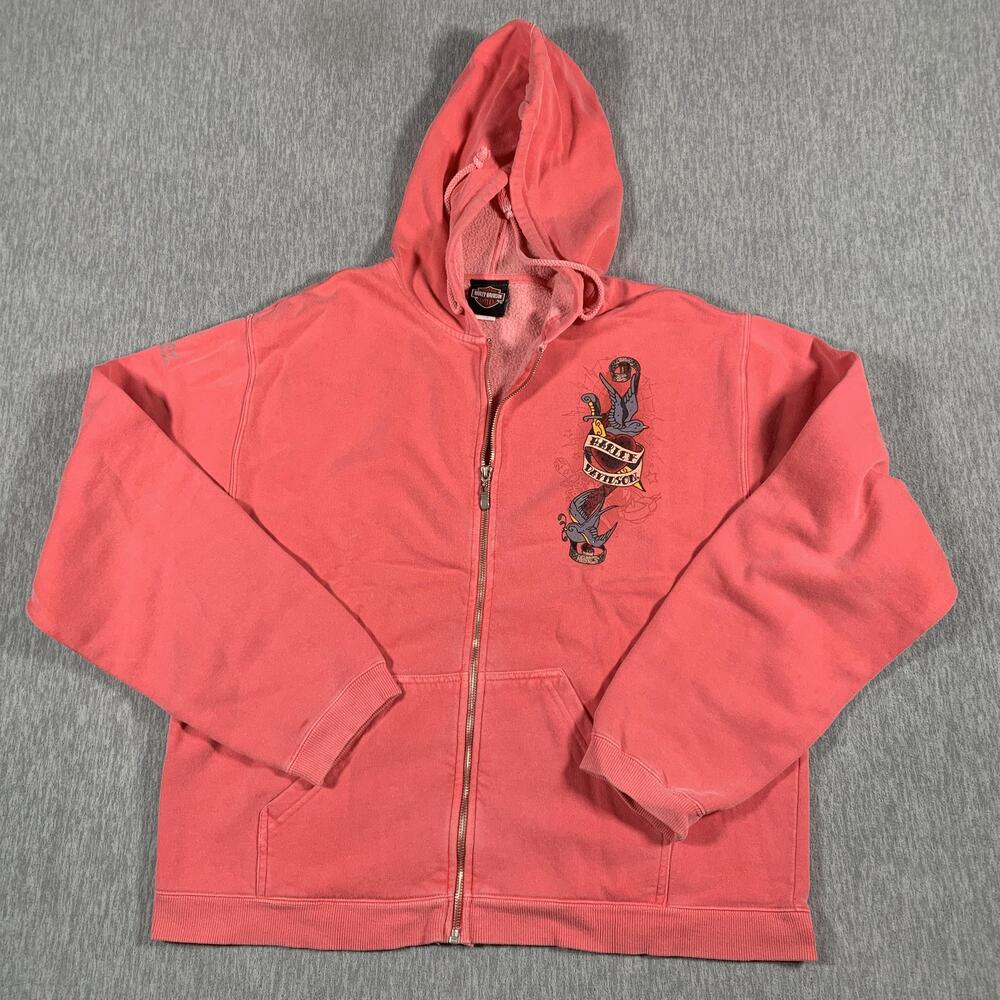 Harley Davidson Hoodie Womens Large Pink Zip Up Sweatshirt Heart Swallow Graphic